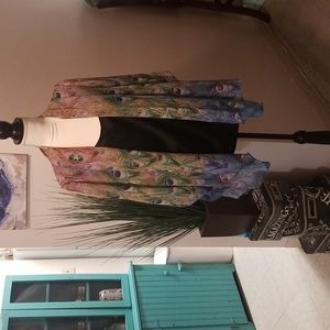 Stunning Peacock print angel wing flair long sleeve ladies blouse good condition